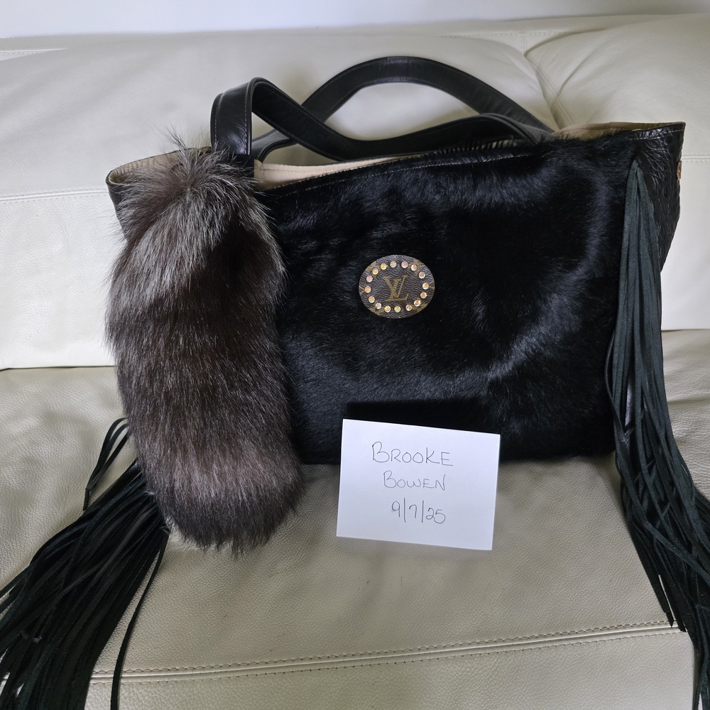 Black Faux Fur Tote Bag with Fringe
